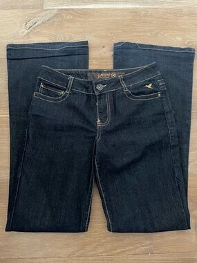 Low rise flare dark wash Grane jeans with gold embroidery